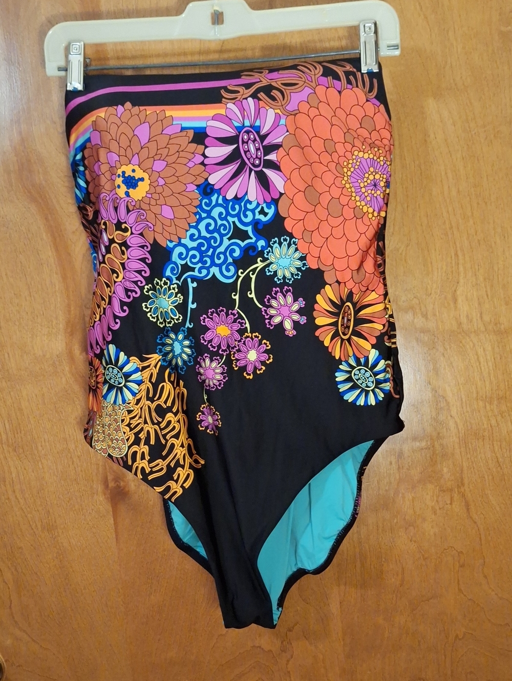 Trina Turk Electric Reef Bandeau One Piece Swimsuit Size 14 Black Multi Color